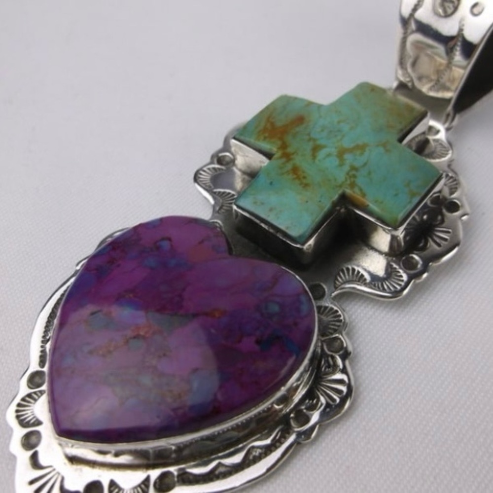 SOLD Navajo Dan Dodson Sterling Silver Turquoise Spiny Pendant Heart Cross Big - Picture 5 of 9